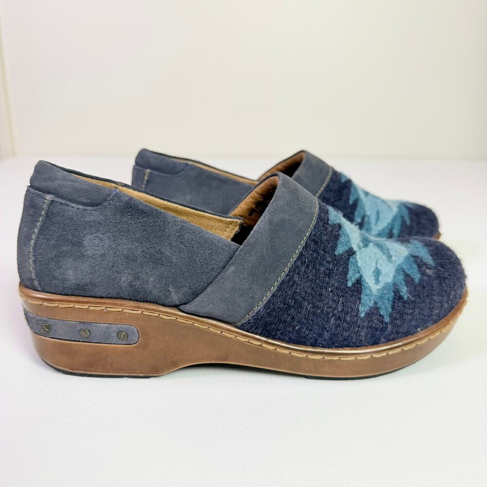 Born Bandy Navy Wool Southwest Blanket Blue Suede Wedge Clogs Women's 9 Slip Ons - Picture 6 of 10